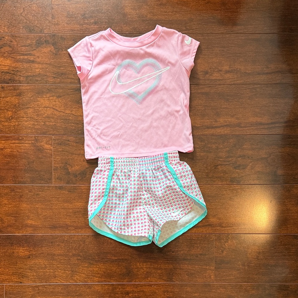 Nike Pink Heart Logo Kids Pajama Set with Aqua Trim Shorts